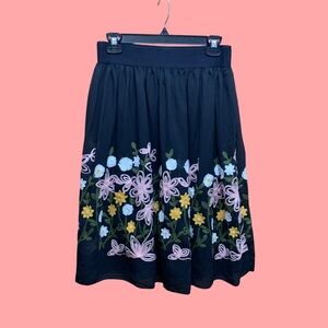 Metro Wear Black Chiffon Midi Skirt with Pink and Yellow Floral Embroidery W S